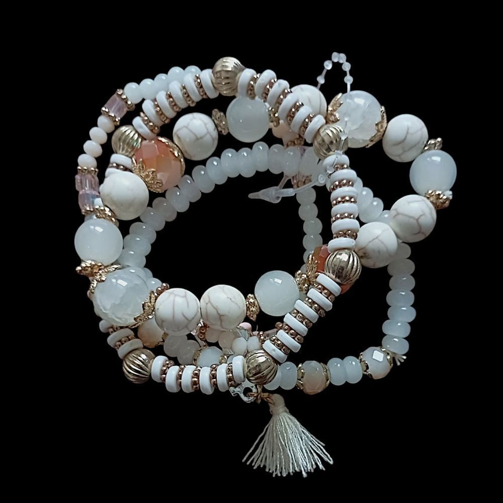 Glass Beaded Stacked Bracelet Rows Beads Floral Neutrals Y2K Boho‎ Fairy Indie